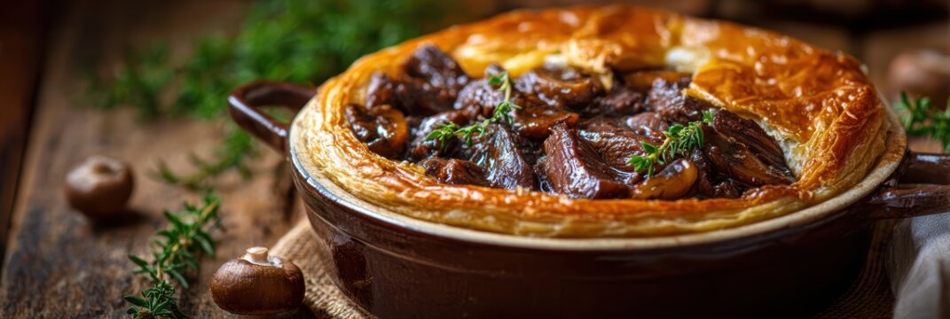 Beef steak pie with onion and wine gravy served on a rustic board
