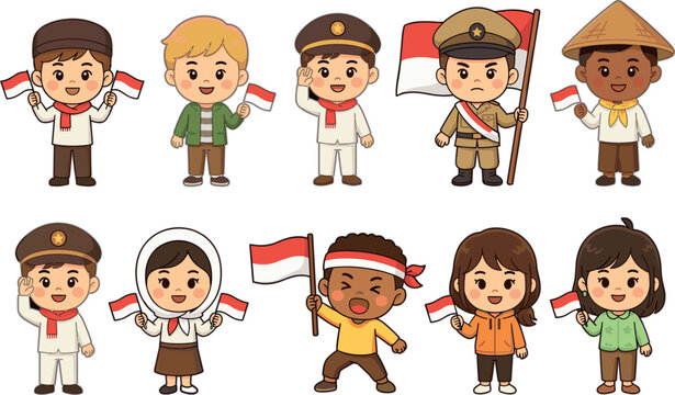 Cute Indonesian Kids Vector Character Set Celebrating Independence Day Holding Red and White Flags Wearing Traditional Costumes and Uniforms for Hari Kemerdekaan Designs