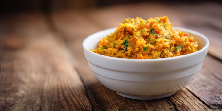 Delicious jackfruit seed mash served in a white bowl on a wooden surface. This dish is flavorful and nutritious
