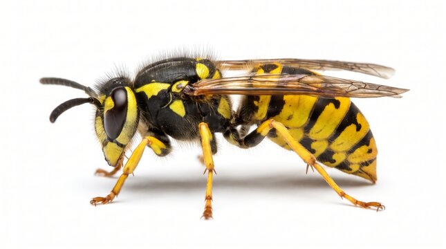 A single yellow jacket wasp standing on a clean white background in a studio setting with showing black yellow yellow striped body wings against plain