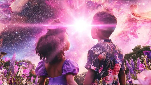 Two Black children holding hands in a magical flower garden beneath a vibrant pink cosmic sky filled with stars and colorful nebula clouds