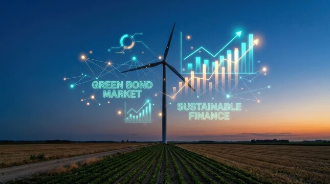 Wind turbine with digital green bond market and sustainable finance graphics