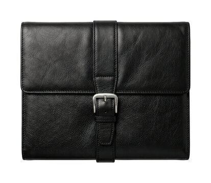 Classic black leather folder case with silver buckle strap isolated on background