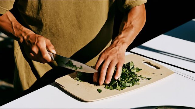 Person chopping fresh leafy green vegetables with a large kitchen knife on a cutting board in warm sunlight, close-up of healthy meal preparation and home cooking