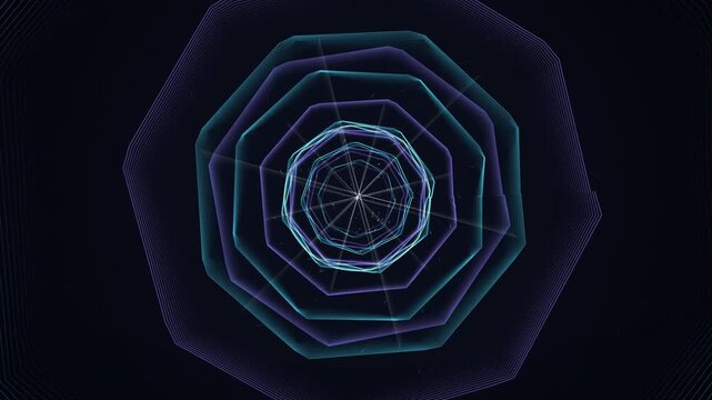 Abstract tunnel of glowing neon octagonal shapes in dark space