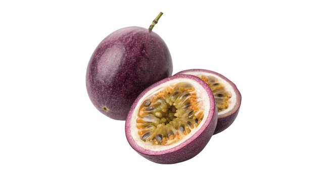 Exotic purple passion fruit whole and cut isolated on transparent background for tropical dessert organic juice ingredients.