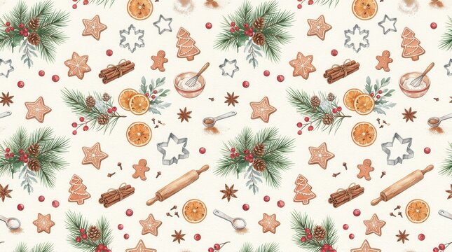 Christmas baking seamless pattern with gingerbread and pine branches