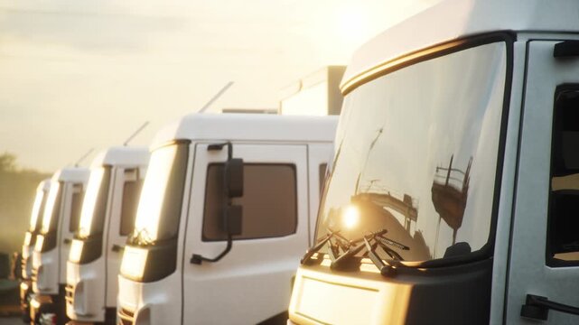 Close up of white delivery truck fleet parked in row with sunset reflections parked at industrial logistics terminal. 3d animation.