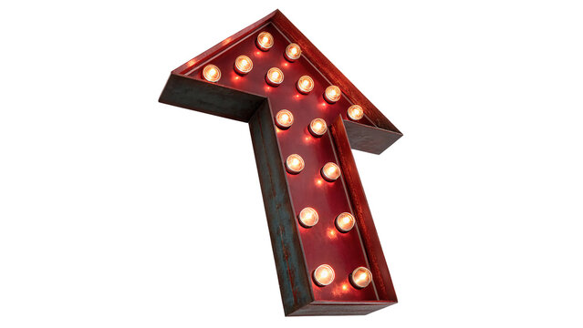 Vintage arrow sign marquee light bulb design isolated on transparent background for retro cinema theater direction pointer.