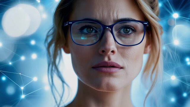 Woman wearing glasses surrounded by glowing digital network connections, futuristic artificial intelligence, data technology and innovation concept