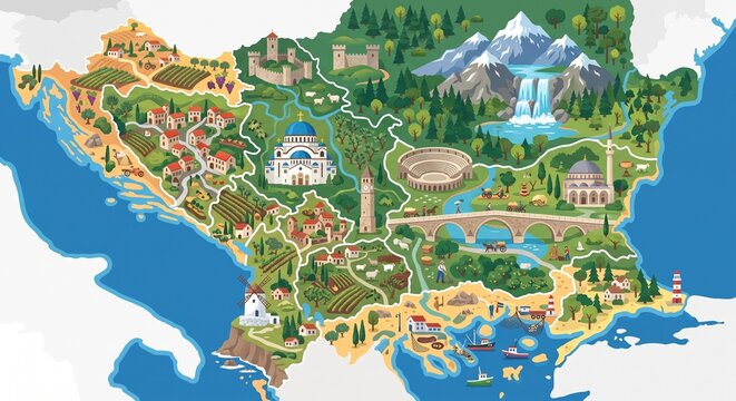 Illustrated map of the Balkans region featuring famous landmarks, nature, mountains, and cultural heritage