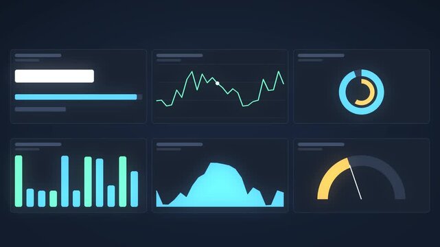 Data Analytics Dashboard with Progress Gauges and Performance Charts on Dark Background