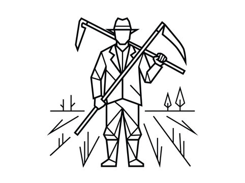 Geometric line art of a farmer holding tools in a field