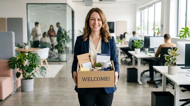 Smiling woman holding a welcome box for a new hire in modern office