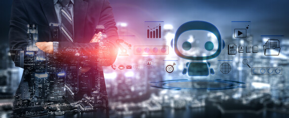 Businessman with Digital Interface Representing AI Technology and Data Analytics in a Modern...