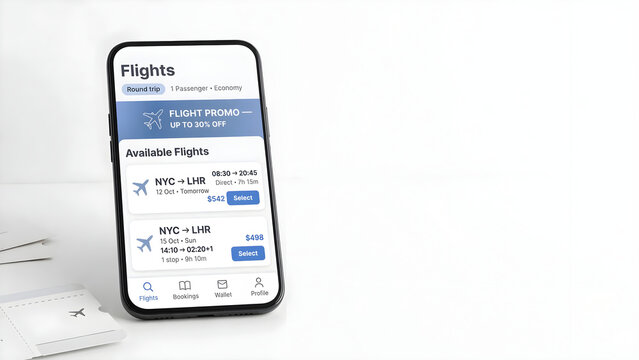Smartphone showing flight booking app with fares on white desk for ticket promo campaign visual