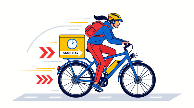 Courier woman riding e-bike for same day delivery service.