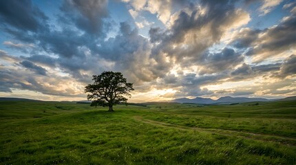 Obraz premium Solitary oak tree standing in a green meadow at sunset with cloudy sky