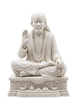 white marble sai baba statue in a peaceful sitting pose for spiritual devotion.