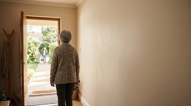 帰ってきた若い家族を玄関で迎える高齢の親族