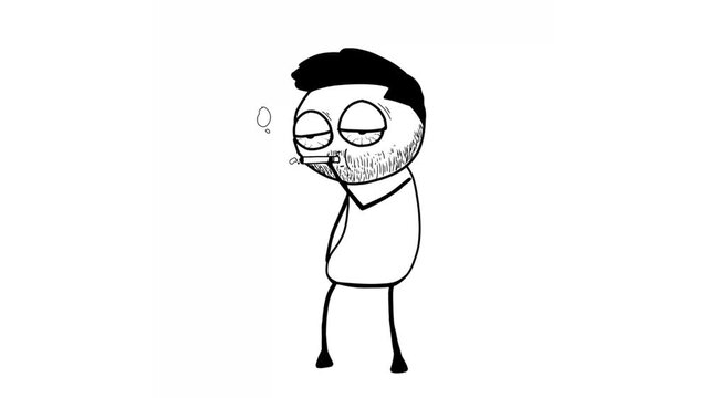 Animated Black and white minimalist stick figure cartoon character with dark hair and stubble, showing a tired sleepy expression while smoking a cigarette against a plain white background.