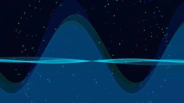 Abstract blue and green digital wave animation with glowing particles on a dark background.