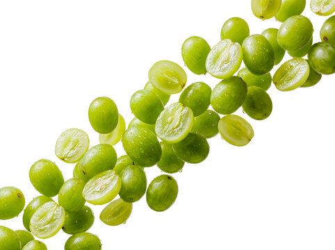 Fresh green grapes whole and cut in half floating in midair isolated on white background