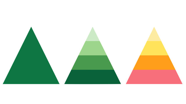 Three colorful triangle pyramid charts with segmented color levels