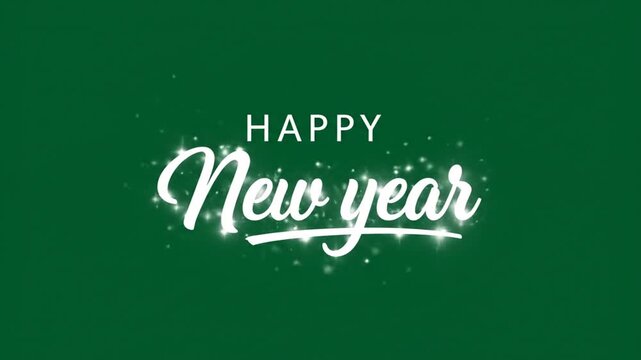 White Happy New Year calligraphy on dark green background