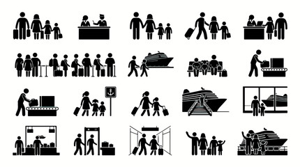 Fototapeta premium Harbour activities showing passenger travel and cruise terminal icon set for maritime tourism