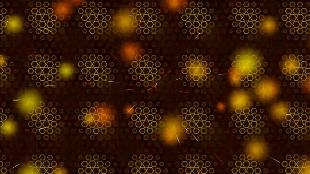 Golden hexagonal geometric patterns with glowing bokeh particles and light streaks.