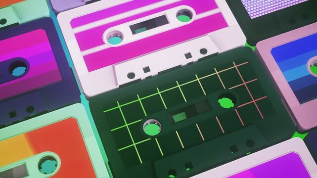 Colorful Retro Audio Cassettes in Vibrant Neon 3D Composition