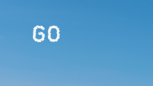 animated video of  GOOD LUCK text, white cloud brush, on bright blue sky, 4k animation