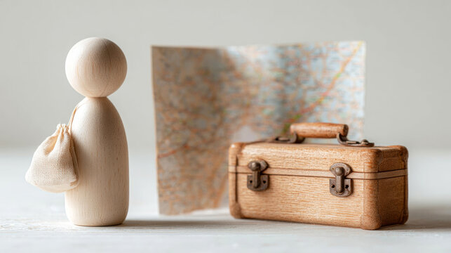 Wooden figurine with a small bag stands beside a vintage suitcase and a folded map on a light surface, representing travel and exploration themes