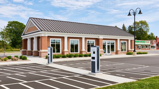 Small town convenience store with electric vehicle charging stations in the parking lot