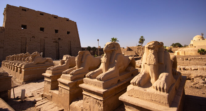 Historical monuments of Luxor, karnak temple, statues and columns in ancient buildings, Egypt
