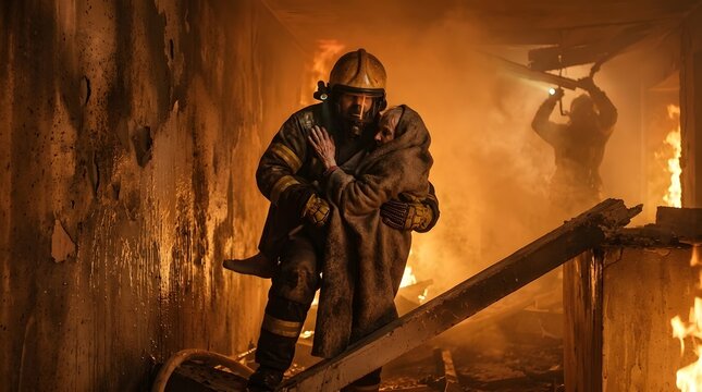 Courageous Firefighter Embracing Elderly Person Amid Fire Gap