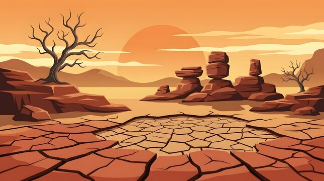 Desert Landscape with Cracked Earth and Rock Formations at Sunset