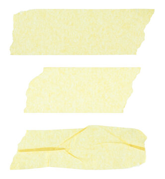 Set of Piece of yellow office adhesive tape close-up, isolated on transparent background. Suitable for design elements, labels, and mockups