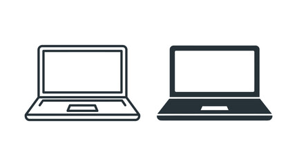 Fototapeta premium Minimalist vector laptop icons set featuring outline and solid black graphic styles for digital interface design