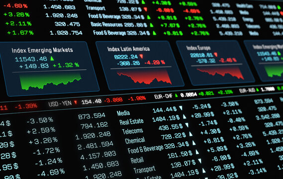 Close-up trading sreen with currency echange rates, stock index charts, market sector data. Business, investment information, Financial market, sector data, prices, trading volume.