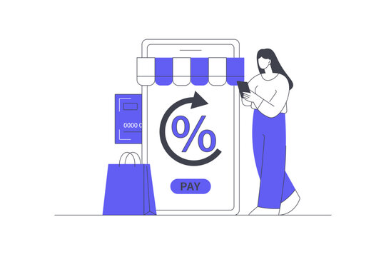 Transfer Cashback Discount and Mobile Shopping E-Commerce Payment. Female Specialist Holding Phone near Smartphone Screen displaying Store Awning Percent Return and Pay Button. Flat Cartoon Vector 