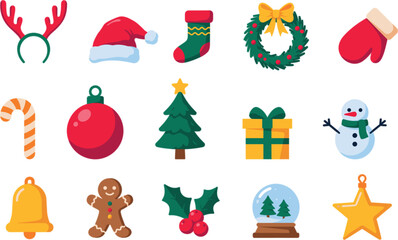 Fototapeta premium Christmas Holiday Vector Icon Set with Santa Hat, Tree, Reindeer Antlers, Snowman, Gingerbread Man, and Wreath Elements for Winter Celebration Designs