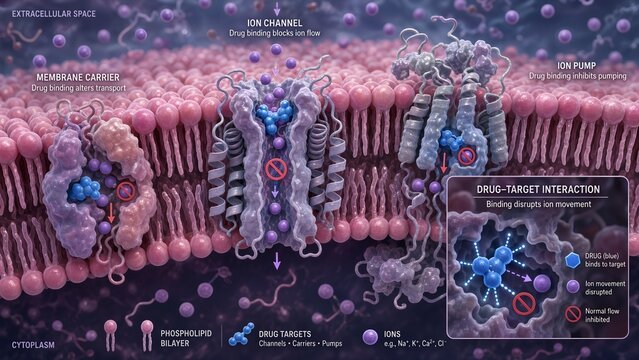 Pink phospholipid bilayer cell membrane featuring embedded ion channels, carriers, and pumps with a zoomed inset showing blue drugs blocking ion movement via purple spheres