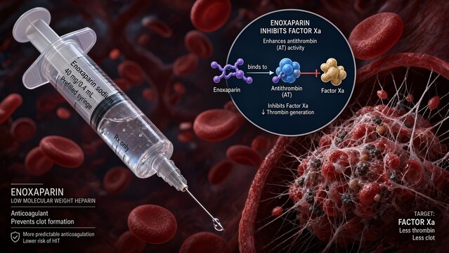 Medical enoxaparin injection device paired with a scientific graphic inset showing factor xa inhibition, set against a visible blood clot background for pharmaceutical themes