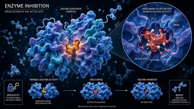 Molecular illustration of an enzyme inhibition process with a zoomed inset detailing a drug binding to the active site against an enzyme-substrate complex background