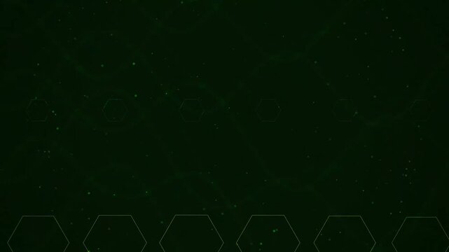 Abstract green background with moving hexagons and floating particles.