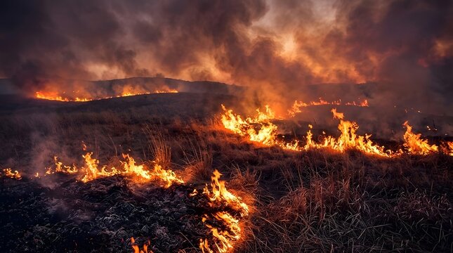 Wildfire on Grassy Plain with Orange Flames and Dark Smoke