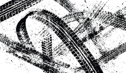 Obraz premium Black tire tracks splattered on white background with dynamic motion and abstract grunge texture for automotive themes