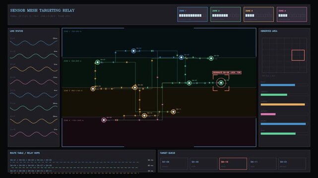The display shows a sensor mesh targeting relay system with various connection statuses and data flow. Colorful animated graphs illustrate network activity and target data